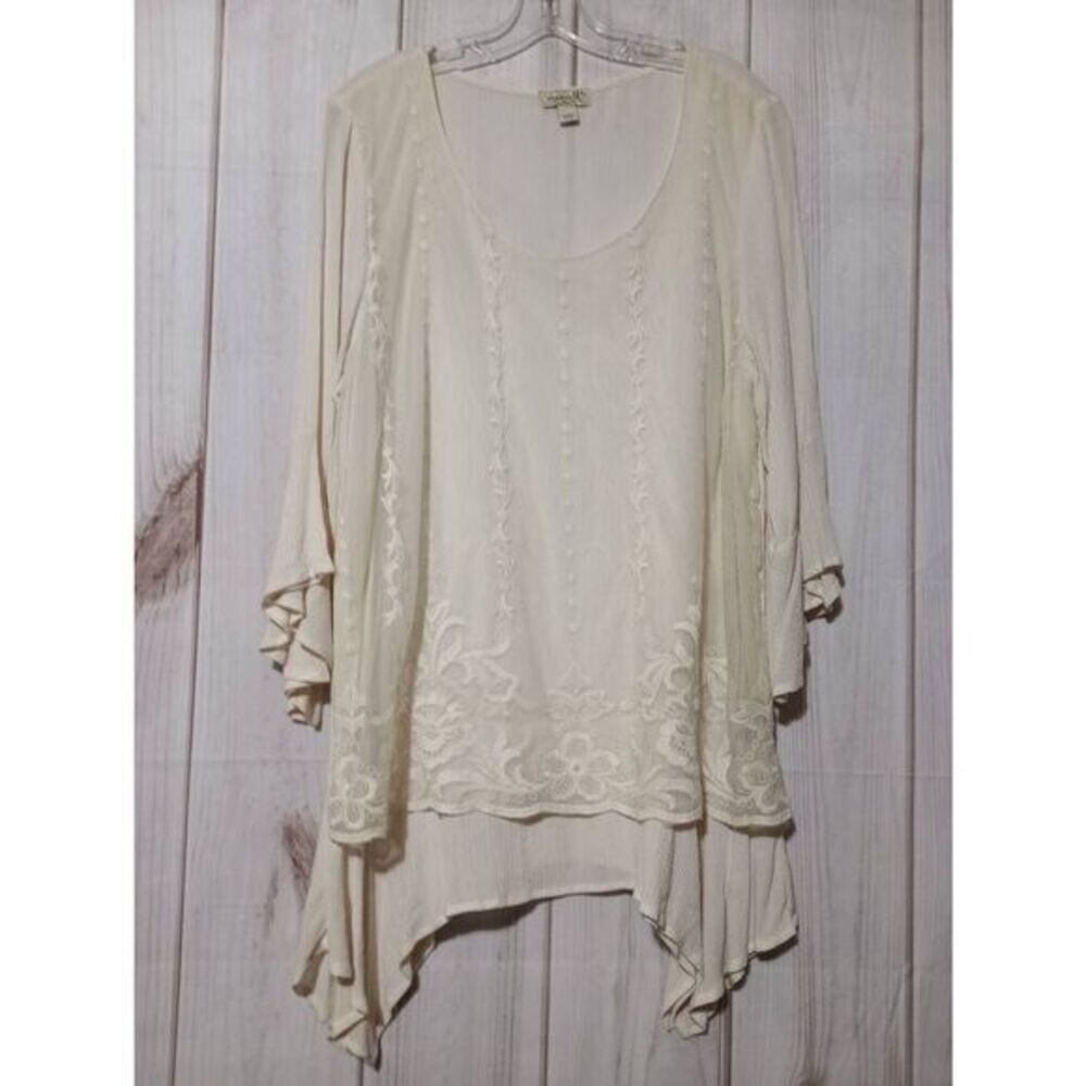 One World Shirt Ladies Extra Large Ivory Semi Sheer Bell Sleeve Lace Overlay Tun